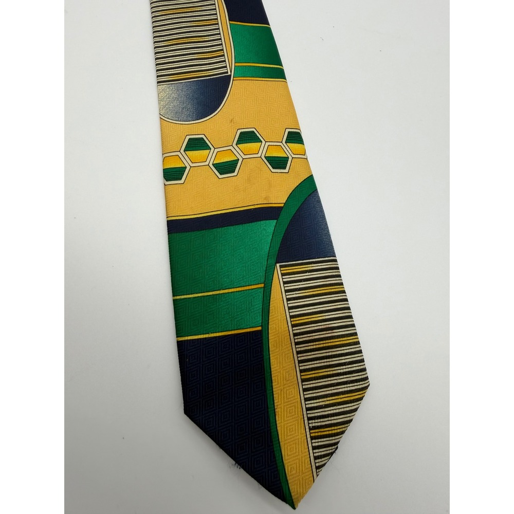 Fratello Vintage Mens Geometric Abstract Tie Green Yellow Navy Blue Honeycomb